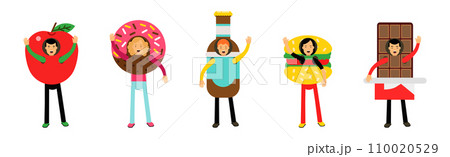 People Character Wearing Food Costumes Standing and Waving Hand Vector Illustration Set People Character Wearing Food Costumes Standing and Waving Hand Vector Illustration Set 110020529