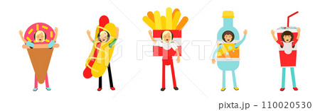 People Character Wearing Food Costumes Standing and Waving Hand Vector Illustration Set 110020530