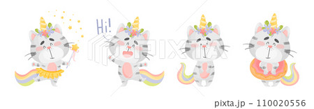 Cute Cat Unicorn Character with Rainbow Tail Vector Set Cute Cat Unicorn Character with Rainbow Tail Vector Set 110020556