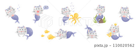 Cute Cat Mermaid Character with Fish Tail Vector Set Cute Cat Mermaid Character with Fish Tail Vector Set 110020562