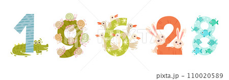 Animal Number or Numeral with Zoo Creatures Vector Set Animal Number or Numeral with Zoo Creatures Vector Set 110020589