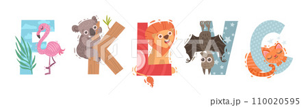 Animal Alphabet with Ornamental Letters and Zoo Creatures Vector Set 110020595
