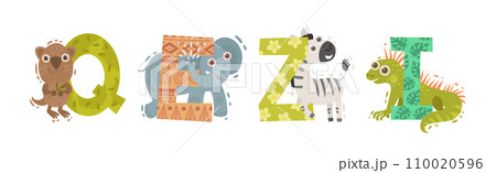Animal Alphabet with Ornamental Letters and Zoo Creatures Vector Set 110020596