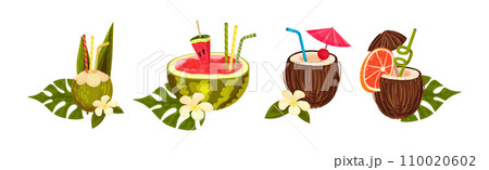 Cool Coconut and Watermelon Cocktail in Shell with Straw Vector Set Cool Coconut and Watermelon Cocktail in Shell with Straw Vector Set 110020602
