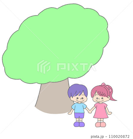 木の下で手を繋いでいる男の子と女の子のイラスト 木の下で手を繋いでいる男の子と女の子のイラスト 110020872
