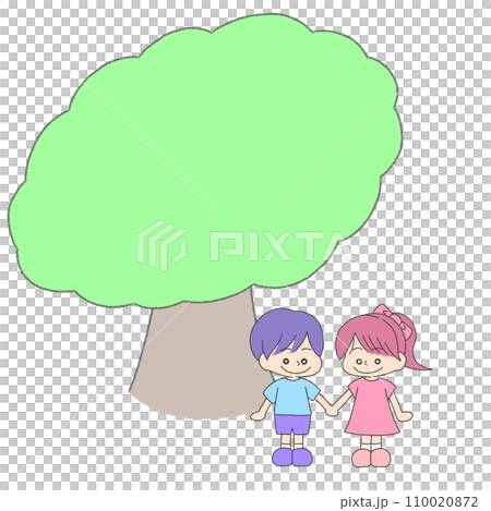 木の下で手を繋いでいる男の子と女の子のイラスト 木の下で手を繋いでいる男の子と女の子のイラスト 110020872
