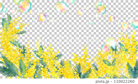 含羞草和肥皂泡的水彩插圖。春季裝飾框架。 （向量。佈局可以更改） 110022260