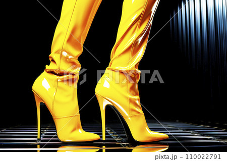 Bright yellow luminous high-heeled rubber boots against a dark background 110022791