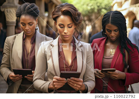 Three black businesswomen in formal attire focused on their tablet computers 110022792