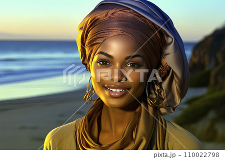 Portrait of a smiling black muslim woman with turban at a dark beach 110022798