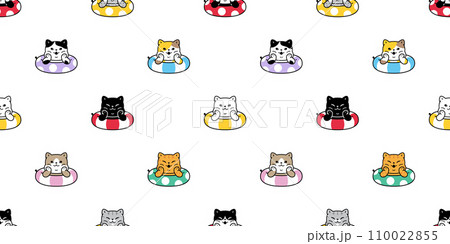 cat seamless pattern inflatable swimming pool ring kitten calico munchkin neko vector cartoon pet sea beach doodle gift wrapping paper illustration tile background repeat wallpaper isolated design 110022855