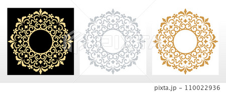 Set of decorative frames Elegant vector element for design in Eastern style, place for text. Floral black, gold and gray borders. Lace illustration for invitations and greeting cards Set of decorative frames Elegant vector element for design in Eastern style, place for text. Floral black, gold and gray borders. Lace illustration for invitations and greeting cards 110022936