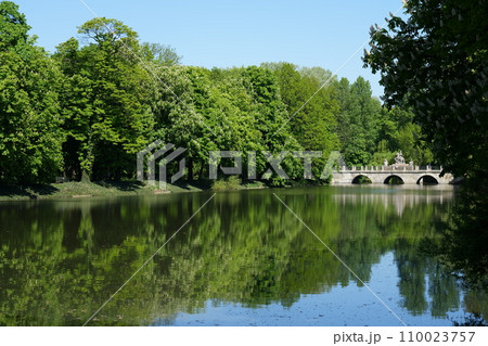 Stony bridge in baths park in European Warsaw city in Poland 110023757
