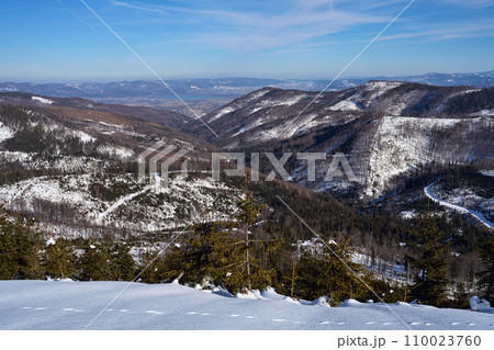 Valley in Silesian Beskid range near European Bialy Krzyz in Poland 110023760