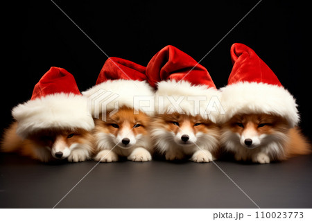 Funny fox in a Santa Claus red hat on black background Funny fox in a Santa Claus red hat on black background 110023773
