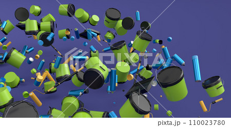 Many of flying plastic cans or buckets with paint roller, brush on violet Many of flying plastic cans or buckets with paint roller, brush on violet 110023780