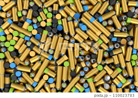 Pile of spray paint cans on black background. Spray bottle and dispenser 110023783