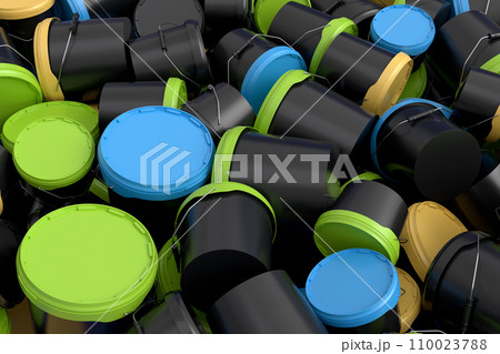 Pile of colorful plastic cans or buckets on white background. 110023788