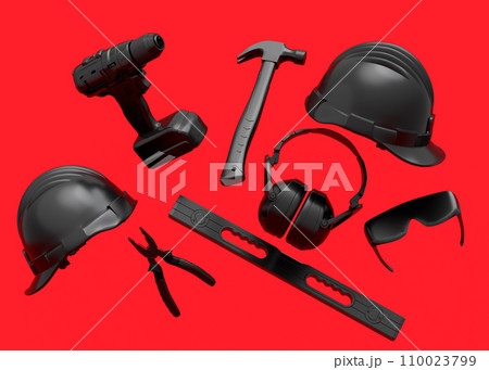 Flying view of monochrome construction tools for repair on red background Flying view of monochrome construction tools for repair on red background 110023799