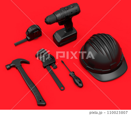 Top view of monochrome construction tools for repair on red background 110023807