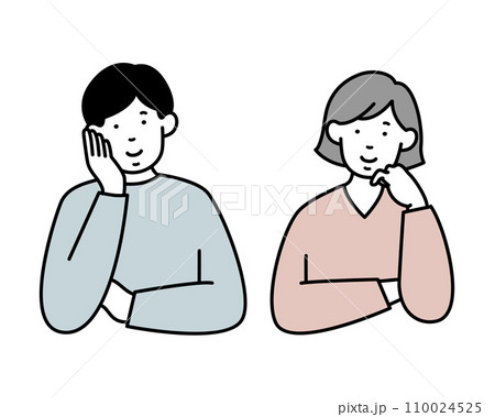頰杖をついて考え事をする男性と女性のイラスト素材 頰杖をついて考え事をする男性と女性のイラスト素材 110024525