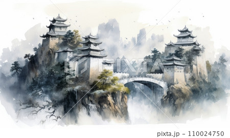 中国風のお城と山が描かれた水墨画：AI作品のイラスト素材