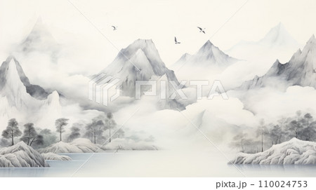入り江と高い山の描かれた古い水墨画風の風景：AI作品のイラスト素材