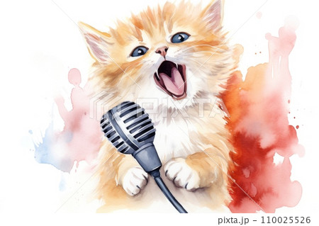 watercolor kitten with microphone on white background watercolor kitten with microphone on white background 110025526