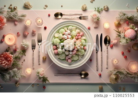 Christmas table setting with dishware, silverware and decorations on festive table. Top view. 110025553
