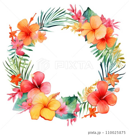 Circle frame of watercolor tropical flowers and leaves on white background. Circle frame of watercolor tropical flowers and leaves on white background. 110025875