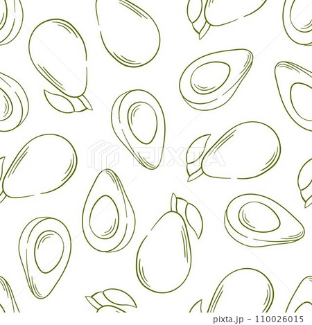 Avocado seamless pattern in line art style. Monochrome hand drawn design for package, textile, food shop, menu. Vector illustration on a white background. Avocado seamless pattern in line art style. Monochrome hand drawn design for package, textile, food shop, menu. Vector illustration on a white background. 110026015