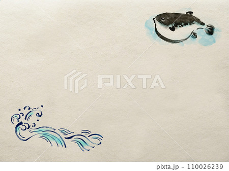 （AI生成画像）フグのいる白い和紙の横長の背景画像 110026239