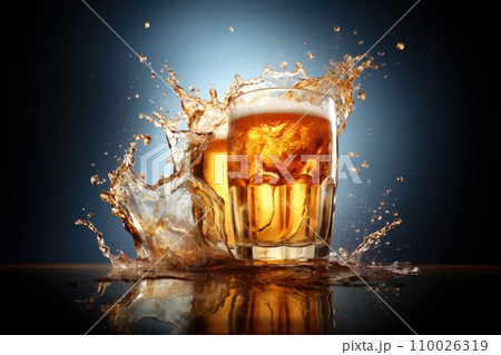 Glass of beer with splash on dark background. Glass of beer with splash on dark background. 110026319