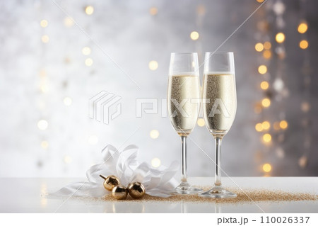 Light festive glass of champagne on bokeh background Light festive glass of champagne on bokeh background 110026337