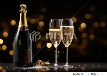 Dark festive glass and bottle of champagne on bokeh background Dark festive glass and bottle of champagne on bokeh background 110026338