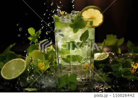 Glass of tasty mojito with lime and mint on dark background Glass of tasty mojito with lime and mint on dark background 110026442