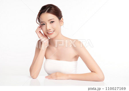 Beautiful young asian woman with clean fresh skin on white background, Face care, Facial treatment, Cosmetology, beauty and spa, Asian women portrait. 110027169