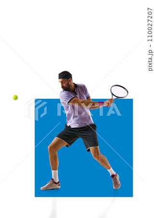 Bearded man, tennis player in motion during game, hitting ball with racket isolated over white background with blue element. Sport, competition. Poster Bearded man, tennis player in motion during game, hitting ball with racket isolated over white background with blue element. Sport, competition. Poster 110027207