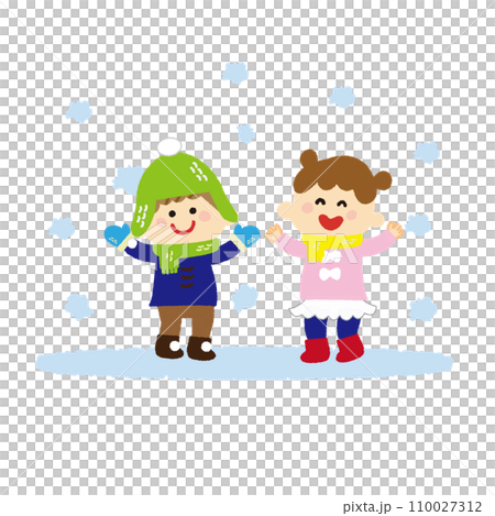 外で雪を喜ぶ子どもたち 外で雪を喜ぶ子どもたち 110027312