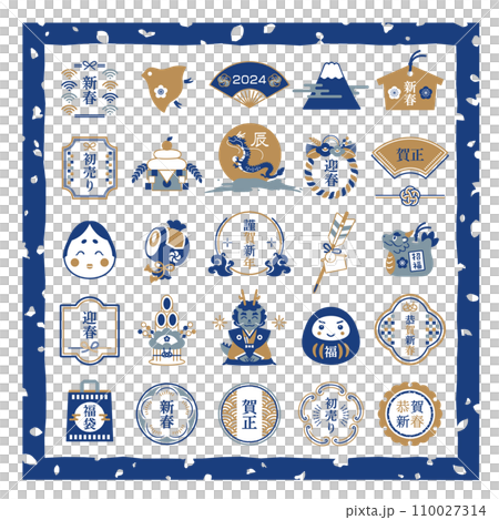 新年插畫和日式設計框架集 110027314