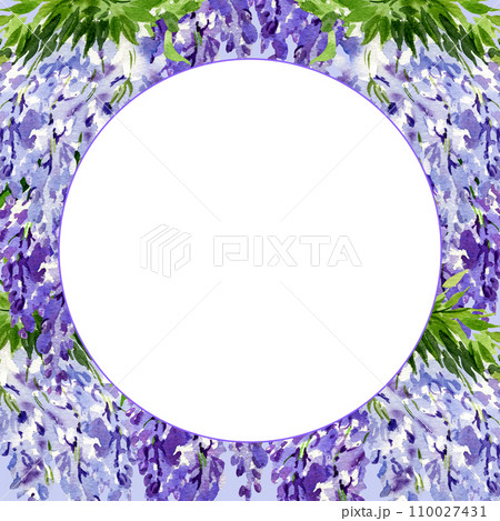 watercolor round frame with branch of wisteria blossom flowers, hand drawn illustration with spring lilac flowers, blue plant isolated on white background 110027431