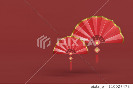 3d fan with tassel for chinese new year. 3d render illustration 110027478