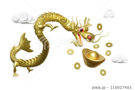 Chinese gold ingot with dragon, cloud, coin. chinese new year 2024 capricorn. 3d render illustration 110027483