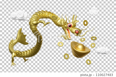 Chinese gold ingot with dragon, cloud, coin. chinese new year 2024 capricorn. 3d render illustration 110027483