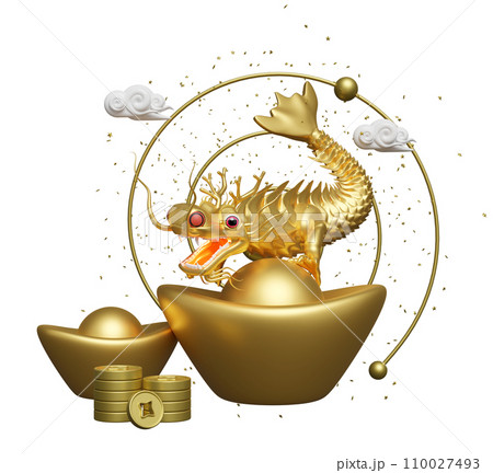 Chinese gold ingot with dragon, cloud, coin. chinese new year 2024 capricorn. 3d render illustration 110027493