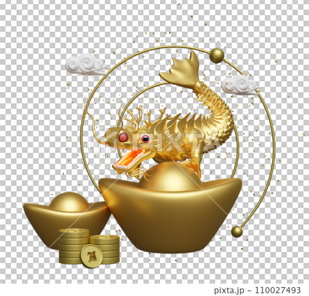 Chinese gold ingot with dragon, cloud, coin. chinese new year 2024 capricorn. 3d render illustration 110027493