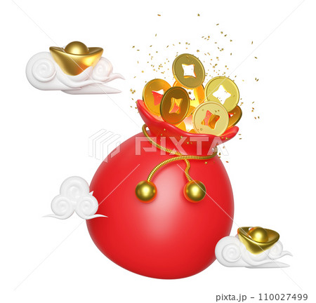 Chinese gold coins in bag with gold ingot, cloud. chinese new year 2024 capricorn. 3d render illustration 110027499