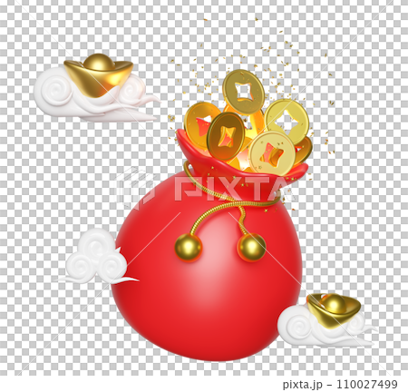 Chinese gold coins in bag with gold ingot, cloud. chinese new year 2024 capricorn. 3d render illustration 110027499