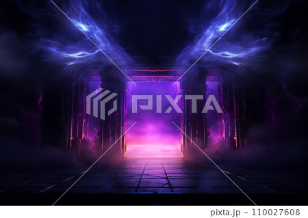 Arcane energy surges around a mystical portal at the end of a dark corridor in neon colors. Generative AI Arcane energy surges around a mystical portal at the end of a dark corridor in neon colors. Generative AI 110027608