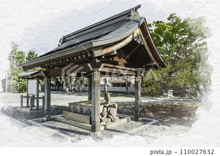 水彩画風　丸岡　國神神社　手水舎　福井県坂井市 110027632